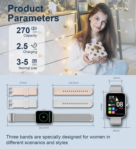 Miniatura 7 de Iaret Reloj inteligente para mujer, 4 bandas de 1.85 pulgadas, reloj inteligente con llamada Bluetooth, rastreador de actividad física con 100 modos