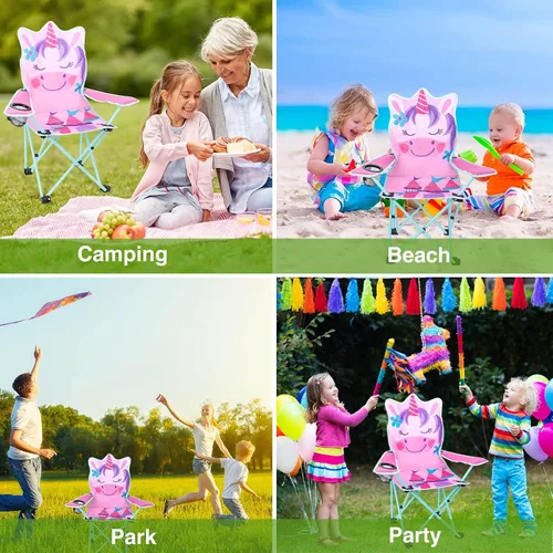 Miniatura 6 de KABOER Silla plegable para césped y camping para niños con portavasos y bolsa de transporte, sillas de camping para niños Unicornio Rosa