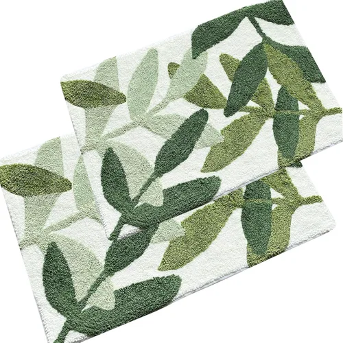 Alfombras de baño – Juego de 2 alfombras de baño verdes, antideslizantes, absorbentes de agua, juego de 2 alfombras de baño de hojas (17.5 x 25.5