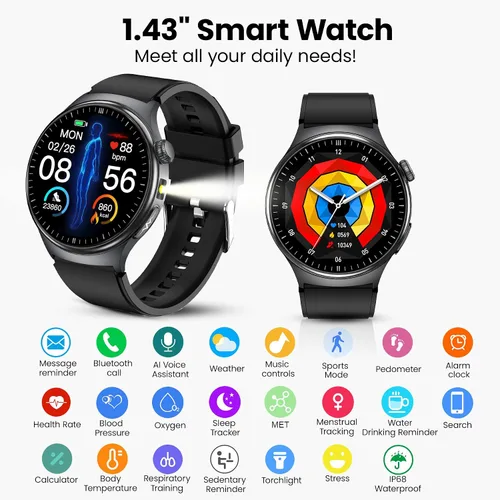 Miniatura 6 de Reloj inteligente de salud para mujeres y hombres, reloj de seguimiento de actividad física con pantalla de 1.43 pulgadas con frecuencia cardíaca