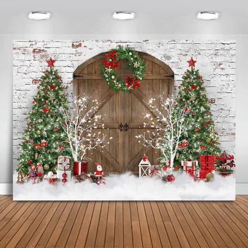 Mocsicka Telón de fondo de fotografía de Navidad con puerta de granero, árbol de Navidad, regalos de nieve, decoración de fondo de fotos de casa de