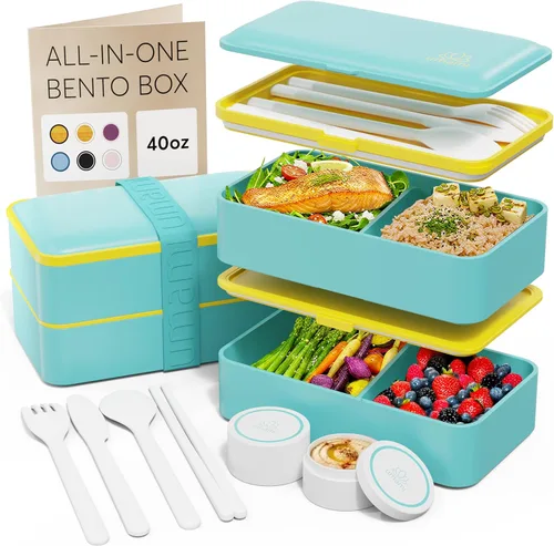 Miniatura 10 de Umami Cajas de almuerzo con 4 utensilios, tarro de salsa, Caja bento apilable que ahorra espacio para adultos, 100% a prueba de fugas, contenedores