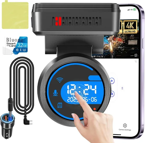 Cámara frontal para automóvil con WiFi integrado y control de aplicación, cámara de tablero 4K con tarjeta gratuita de 32 GB, cámara de tablero de