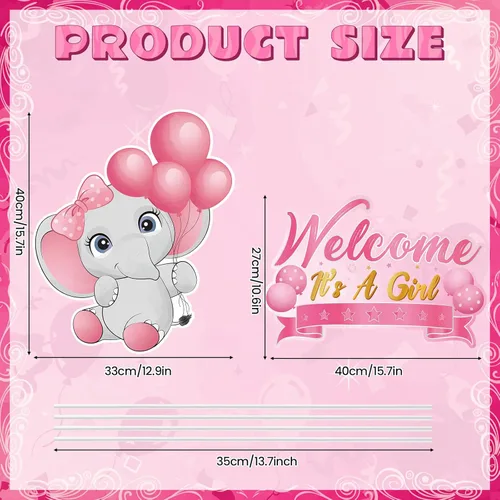 Miniatura 2 de 2 piezas de señal de jardín para baby shower con estaca, señal de revelación de género rosa, elefante, decoración de césped, bienvenida, es una