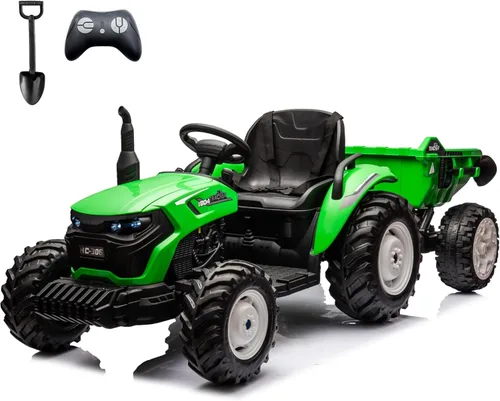 sopbost Tractor de Juguete de 24V 10Ah para Niños Grandes 6+ 2WD con Remolque Eléctrico, Control Remoto, Ruedas EVA Extra Grandes, Capacidad de Verde