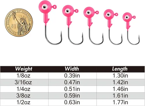 Miniatura 7 de Alwonder Paquete de 10 cabezas redondas de pesca, ganchos de róbala de lubina, ojos 3D, acero de alto carbono, 1/8-1/2 onzas, cabeza de plantilla