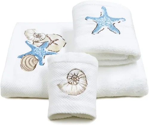 Miniatura 9 de LIlianna Starfish and Seashell - Juego de toallas de 3 piezas 100% algodón 1 toalla de baño, 1 toalla de mano, 1 toalla para la cara Supersuave