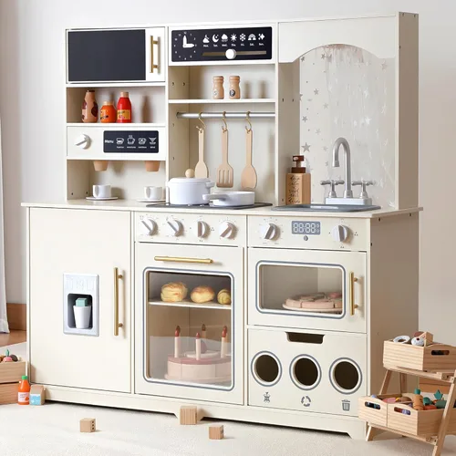 besrey Juego de cocina para niños, juego de cocina de madera para niños con luces y sonidos reales, cocina de juguete para niños pequeños con