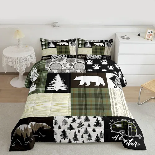 Miniatura 188 de Juego de edredón de cuernos de ciervo tamaño individual, juego de ropa de cama rústica de granja con huellas de oso y pinos para decoración