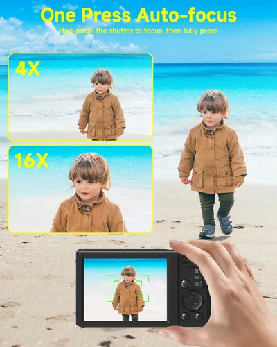 Miniatura 3 de Cámara digital 4K para adolescentes con enfoque automático de zoom de 16X, pequeña cámara portátil compacta para apuntar y disparar