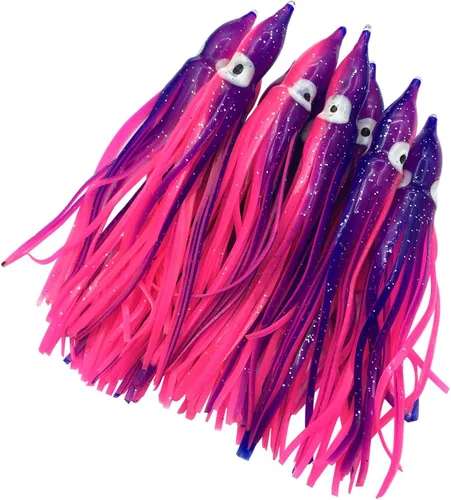 Miniatura 10 de Hoochie - Faldas de pulpo, señuelos de pesca con aparejos de pesca de plástico suave, faldas de calamar luminosas, señuelos de agua salada/cebo, 1.9