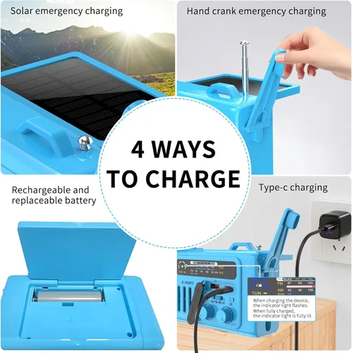 Miniatura 3 de Radio solar de emergencia con manivela, NOAA/AM/FM con linterna LED y lámpara de lectura, USB tipo C/carga solar/manivela, altavoz Bluetooth, alarma