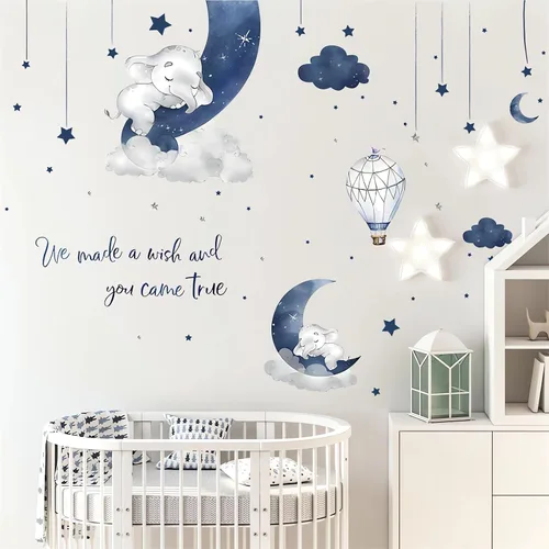 Adhesivo de pared con elefante bebé durmiendo en azul grisáceo, sacinora - Adhesivo de pared con luna, estrella, nube y frase en inglés cálido,