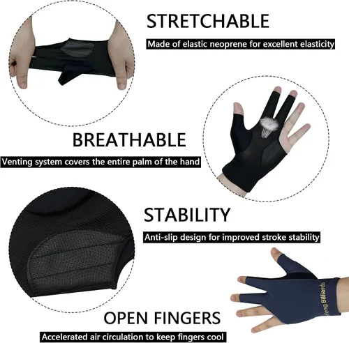 Miniatura 7 de LeFeng - Guantes de billar profesionales para billar, 3 dedos abiertos, para mano izquierda para hombres y mujeres 3 piezas gris.