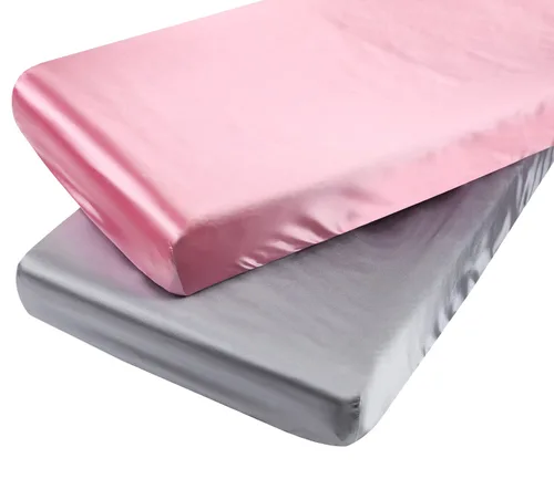 Juego de 2 sábanas de satén para cuna, paquete de 2 sábanas bajeras de seda ultra suave de 24 x 38 pulgadas, protegen el pelo y la piel del bebé,