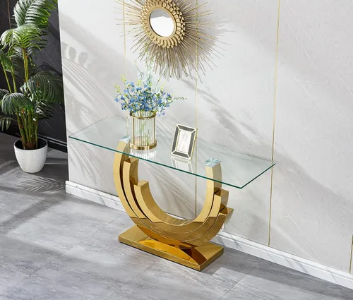 Miniatura 10 de SSLine Mesa consola moderna de lujo, mesa rectangular de cristal para entrada de pasillo, sala de estar, almacenamiento de 2 niveles, diseño