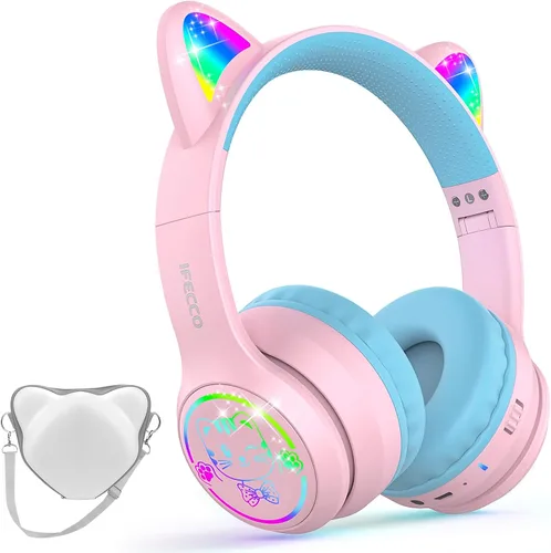 Miniatura 16 de IFECCO Kids Wireless Headphones with Case - Cute LED Light Up Cat Ear,50H Playtime,Safe Volume Limited,Bluetooth 6.0 Kids Girls Headphones for