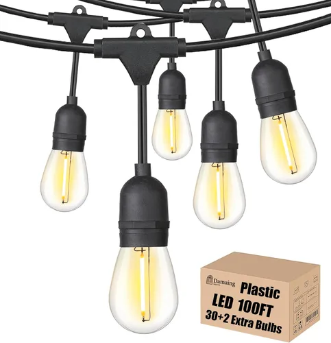 Tira de luces para exteriores, luz de patio de 100 pies con 32 bombillas Edison regulables S14 inastillables, iluminación exterior resistente al