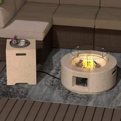 Miniatura 5 de SUNBURY Mesa redonda para fogata de propano de 28 pulgadas, mesa redonda con tanque de 40.000 BTU, mesa de gas blanca manchada para patio