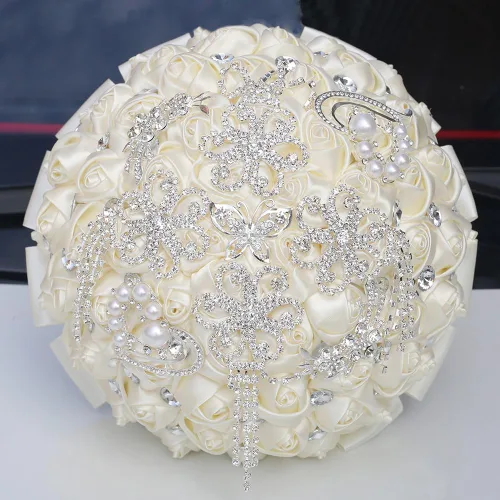 Miniatura 21 de Sharebeauty Ramo de novia de satén hecho a mano para lanzar ramo de boda, ramo de flores artificiales