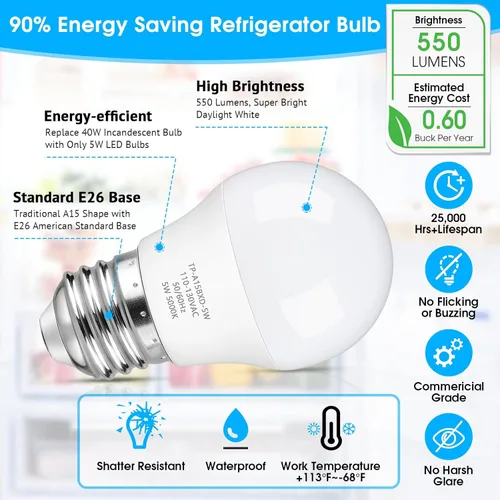 Miniatura 4 de Maylaywood Bombilla LED para refrigerador, equivalente a 40 W, bombilla A15 para nevera, impermeable, luz blanca diurna 5000K, base E26 de 550