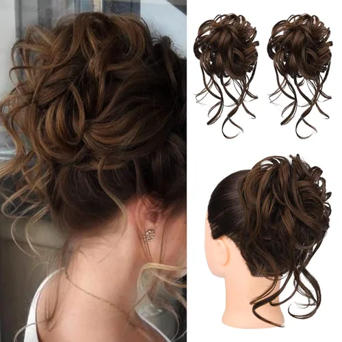 Miniatura 32 de HOOJIH 2 piezas de moño despeinado, recogido despeinado con mechones, extensiones de moño de cabello ondulado rizado, envoltorio de cabello, cola