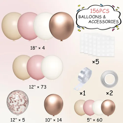 Miniatura 2 de MEBAY Kit de Arco de Guirnalda de Globos Bohemios, 156 Piezas Globos Rosa Empolvado Marrón Pastel Champán Dorado Blanco Metálicos para Boda Baby