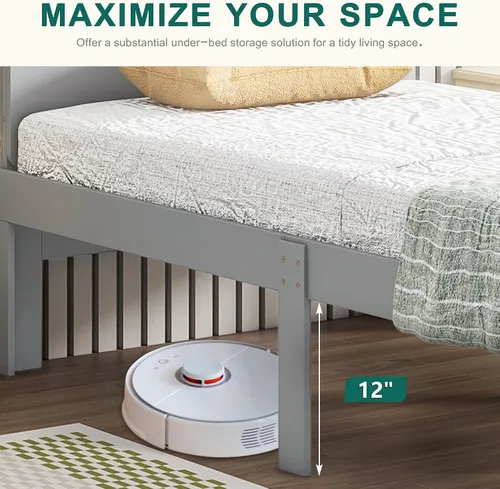 Miniatura 6 de Dolonm Marco de cama individual para niños con banco de estribo, gris, madera de pino, estilo moderno, no necesita somier