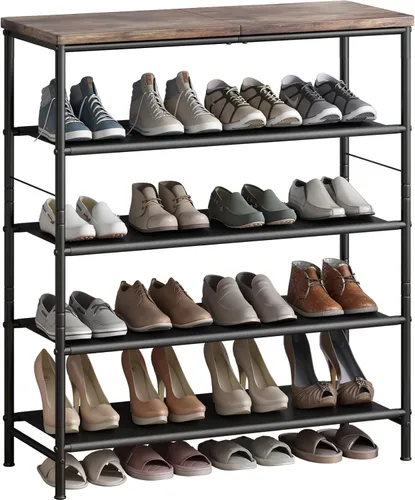 Miniatura 9 de INGIORDAR Organizador de zapatero de 4 niveles, estante organizador de metal con tablero MDF industrial y tela en capas para entrada, armario, Negro
