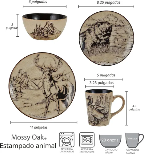 Miniatura 2 de Mossy Oak Juego de vajilla de cerámica de 16 piezas, servicio para 4 personas con platos llanos, platos de ensalada, cuencos y tazas, diseño