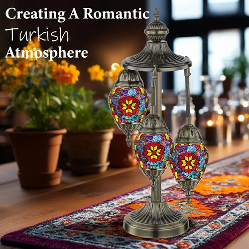 Miniatura 6 de Marrakech Lámpara turca de mesa marroquí de 3 globos con base de bronce, 23 pulgadas de alto, hecha a mano, colorido, mosaico Tiffany, lámpara