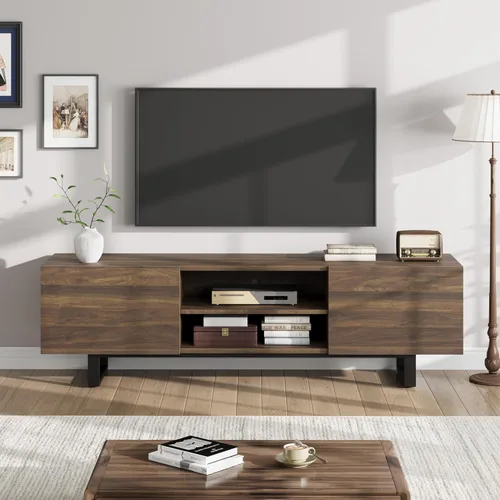 Miniatura 8 de GarveeHome Soporte de TV industrial para 80 pulgadas, moderno centro de entretenimiento con 2 cajones, gabinete multimedia de madera con patas