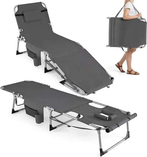 Miniatura 14 de Giantex Silla bronceadora, silla de playa de 330 libras con 5 posiciones ajustables, agujero para cara y brazo, correa para manos/hombros, almohada