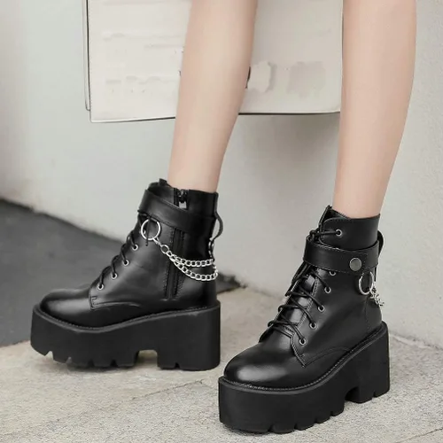 Miniatura 7 de Parisuit Botines góticos de charol para mujer, con plataforma, tacón alto grueso, con cordones, botas de combate punk, botas cortas