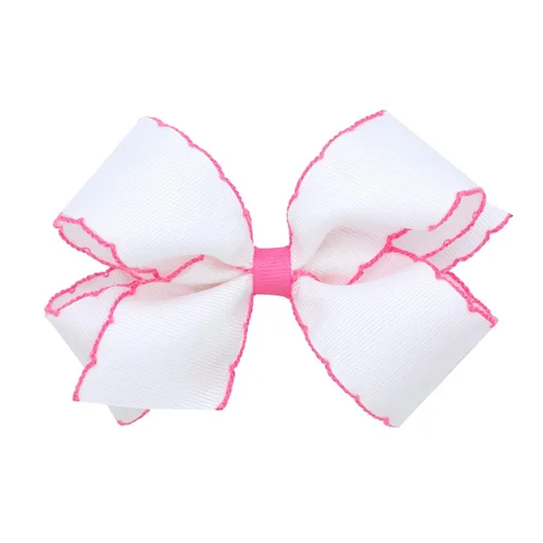 Miniatura 16 de Wee Ones - Lazo clásico de grogrén con borde de puntadas lunares para niñas, con clip para cabello WeeStay, borde en contraste, King, blanco