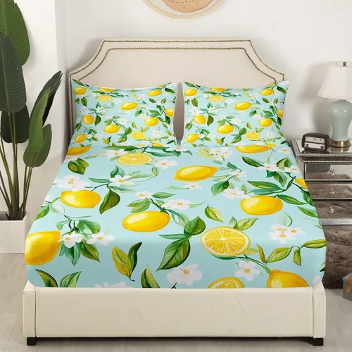 Miniatura 3 de Erosebridal Juego de sábanas de limón amarillo tamaño individual tropical para niños y niñas, sábana bajera ajustable de frutas botánicas con hojas