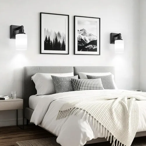 Miniatura 6 de Juego de 2 apliques de pared para baño, 1 luz negra, apliques de pared modernos para interiores con pantallas de vidrio blanco, lámpara de pared