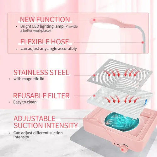 Miniatura 6 de SAVILAND Colector de Polvo para Uñas con Lámpara – Potente Ventilador de Vacío para Uñas 40W Colector Extractor de Polvo Eléctrico Máquina de A-Rosa