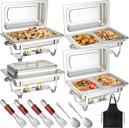 MEEZY Juego de 4 platos de bufé de 9 cuartos de galón, de acero inoxidable, con tamaño completo, tamaño medio, tamaño plegable, calentador de