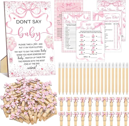 Patelai Juego de 321 decoraciones de baby shower de lazo rosa 5 juegos incluyen cinta rosa Baby Shower Bingo Word Scramble Descripción El precio