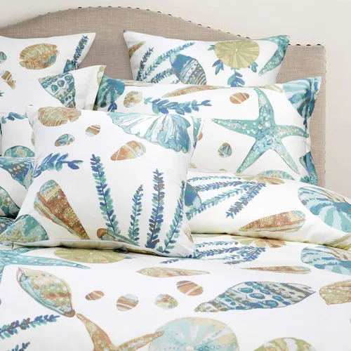 Miniatura 7 de FADFAY Juego de sábanas King con temática de playa, 100% algodón, ropa de cama costera súper suave, ropa de cama náutica de conchas marinas y Aqua
