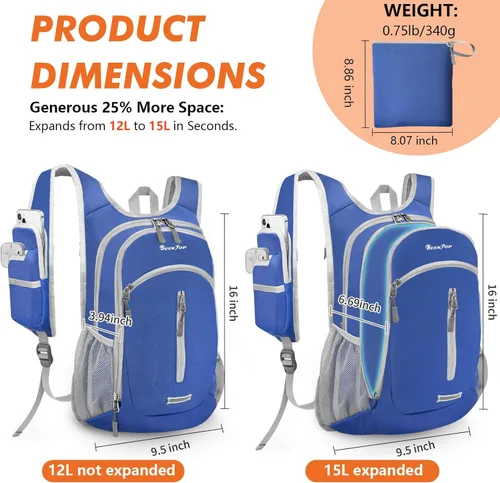 Miniatura 2 de Seektop Mochila de senderismo pequeña de 15 L para viajes, impermeable, ligera, bolsa de senderismo para mujeres y hombres Azul marino
