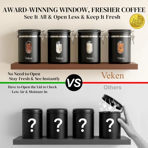 Miniatura 3 de Veken Recipiente de café con ventana, recipiente hermético de almacenamiento de alimentos de cocina de acero inoxidable con tapas, rastreador
