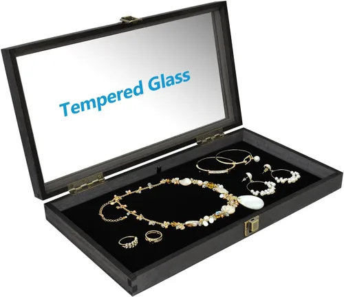 Miniatura 4 de MOOCA Vitrina de madera para joyas, vitrina de bolsillo con tapa superior de vidrio templado y almohadilla de joyería de terciopelo MDF de lujo