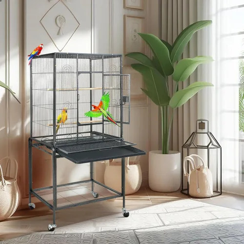 Miniatura 2 de ZENY Jaula de vuelo para pájaros de 53 pulgadas, de hierro forjado, grande con soporte rodante para cacatúas, loros, periquitos, agapornis, Negro