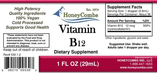 Miniatura 2 de HoneyCombs B12 Liquid Drops Suplemento de vitamina B12 para energía, metabolismo, enfoque cerebral y apoyo nervioso Gotas líquidas sublinguales B12