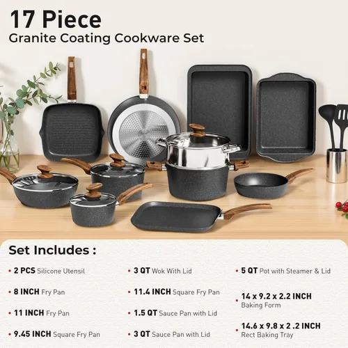 Miniatura 2 de DishDelight Juego de ollas y sartenes antiadherentes, 17 piezas de utensilios de cocina de granito con revestimiento de granito antiadherente, juego