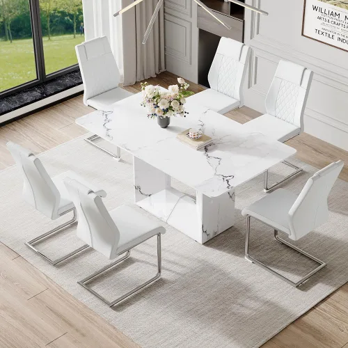 Miniatura 8 de Conjunto de mesa de comedor MUUOKY para 4, mesa de cocina de 63'' y sillas para 4, conjunto de mesa gris y 4 sillas modernas, adecuado para comedor