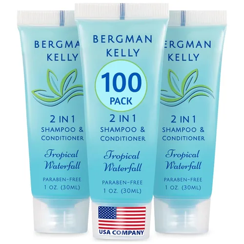 Bergman Kelly - Champú y acondicionador 2 en 1 tamaño viaje - 1 fl oz, 100 PK, cascada tropical - Deleite a sus invitados con amenidades de champú