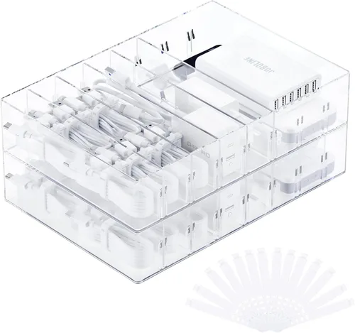Miniatura 8 de FRETONBA Paquete de 2 Cajas Organizadoras de Almacenamiento de Cables con 8 Compartimentos y 14 Sujetadores de Alambre, Organizador de Cargadores